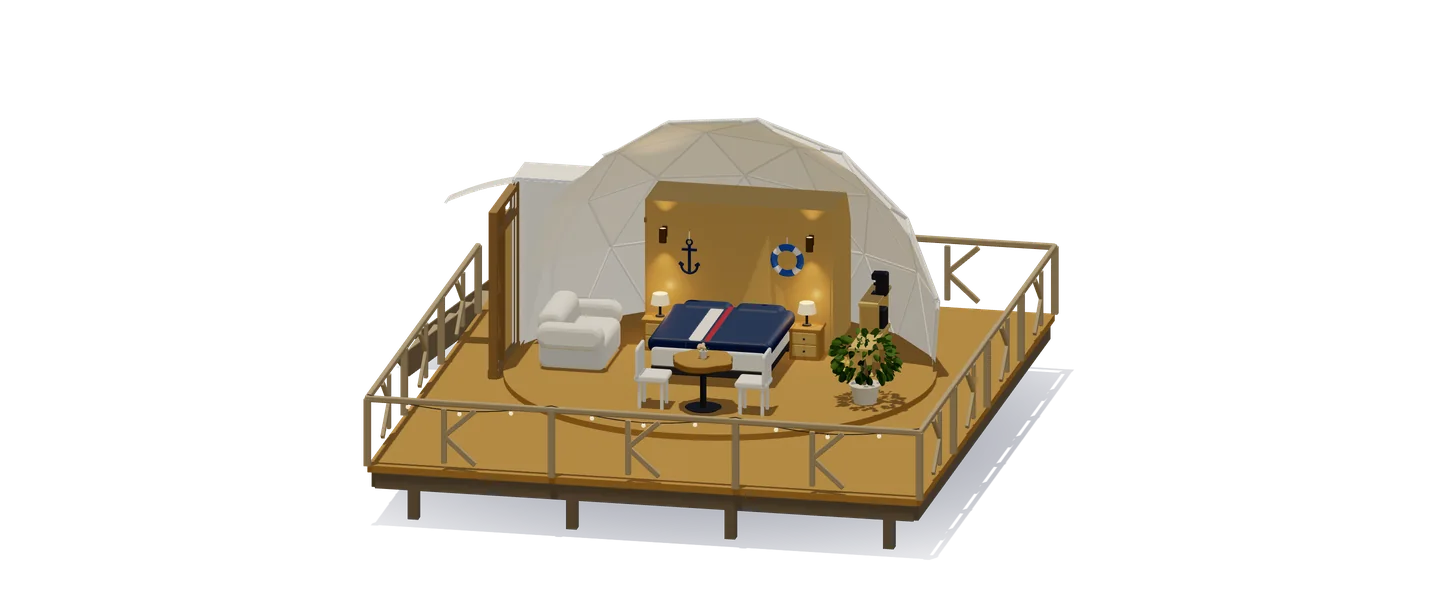El Domo Corbeta por dentro: un piso, con la cama queen y la sala