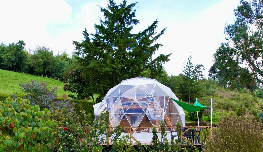 El Domo Fragata entre árboles, con su toldo verde